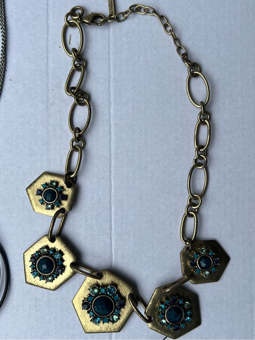 Anthropologie Gold-Tone Hexagon Necklace with Teal and Aqua Stones